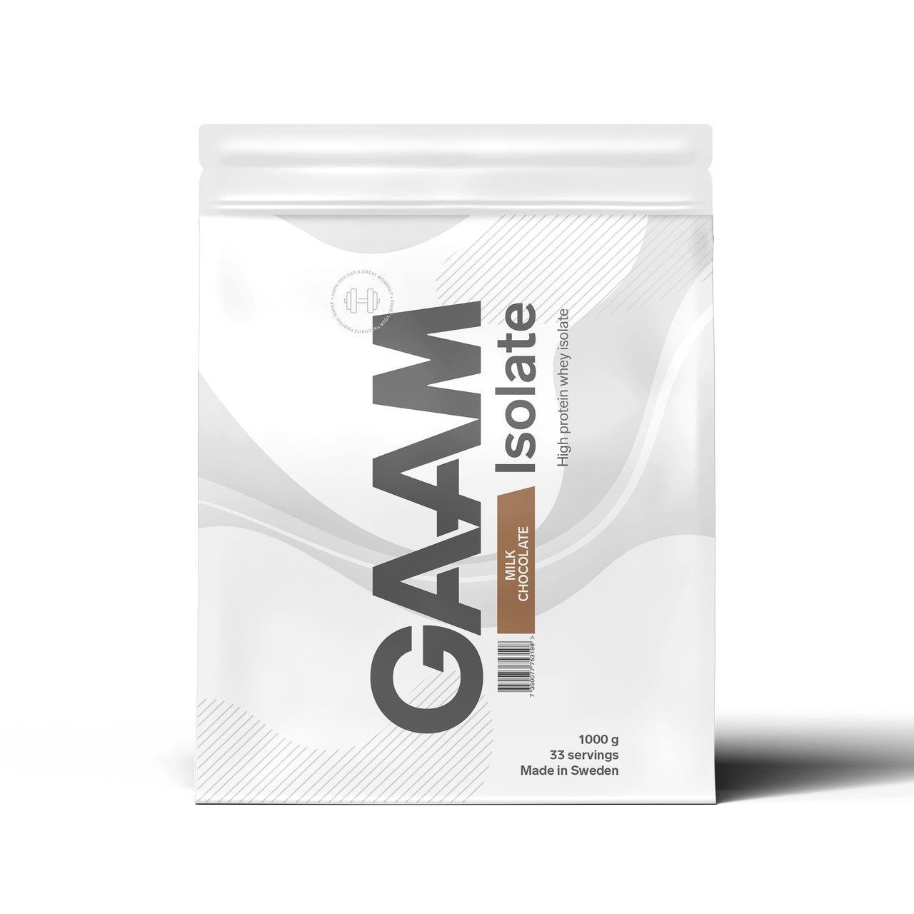 GAAM Isolate 1 kg proteinpulver i en hvit pose med grå og brune detaljer for smaken Milk Chocolate.