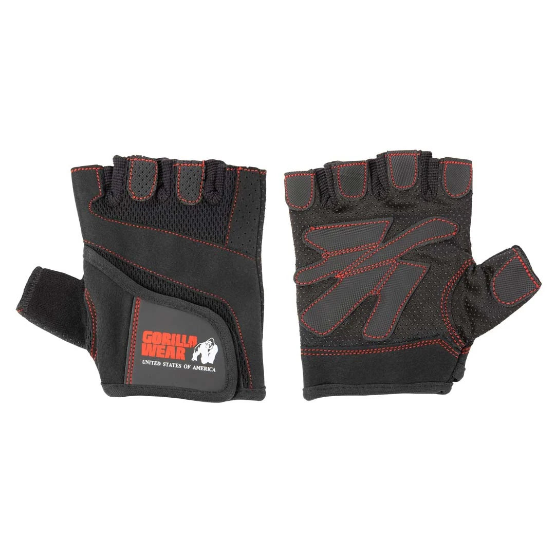 Gorilla Wear Womens Fitness Gloves Black/Red, svarte treningshansker med røde sømmer, mesh og borrelås.