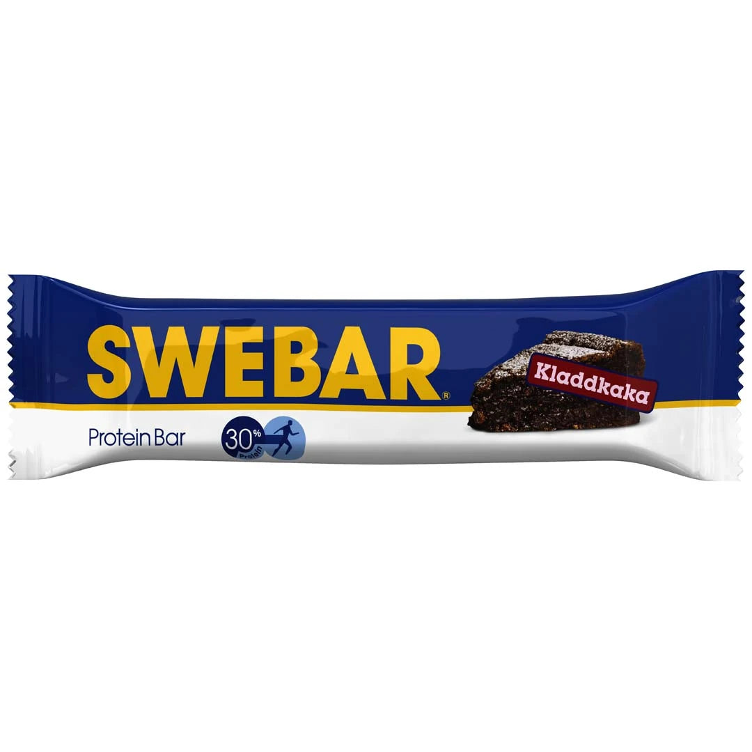 Dalblads Swebar 55 g proteinbar i en blå og hvit emballasje for smaken Kladdkake.