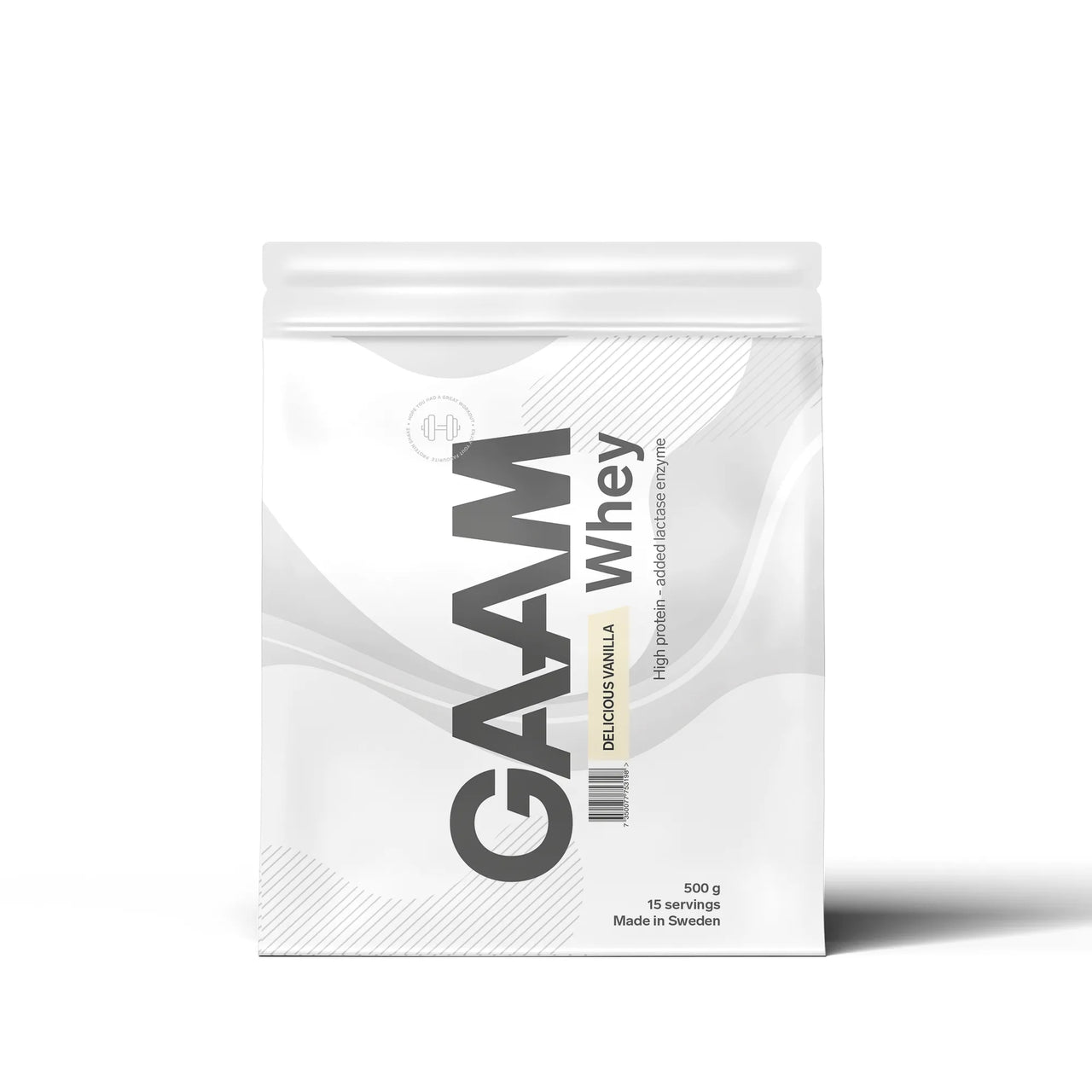 Hvit pose med GAAM Whey 500 g proteinpulver i smaken Delicious Vanilla.