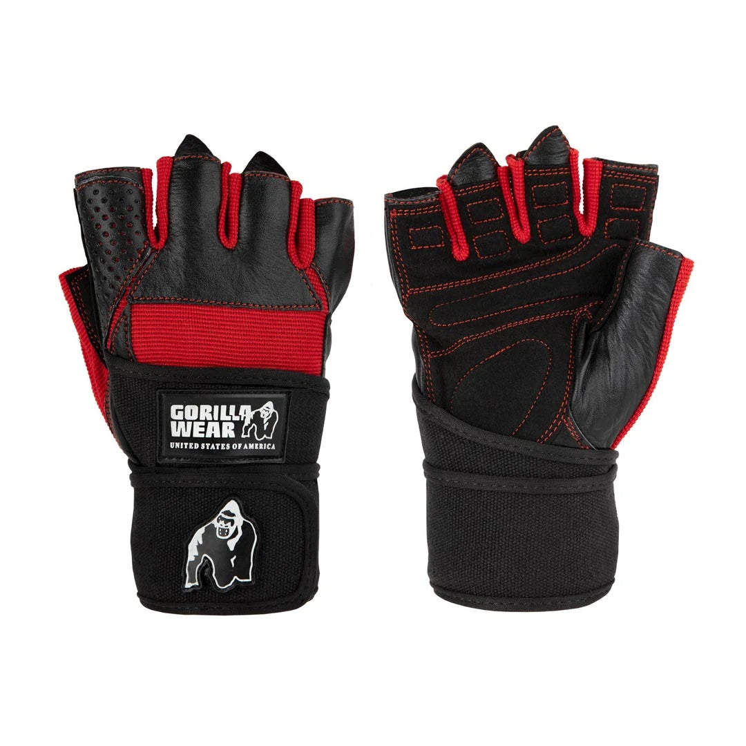 Gorilla Wear Dallas Wrist Wraps Gloves black/red er svarte treningshansker i skinn med røde detaljer og håndleddsbind.