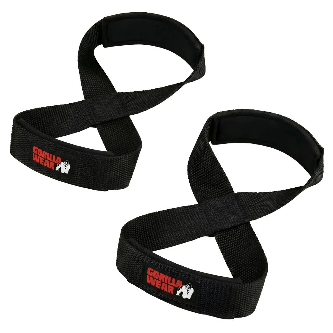 Gorilla Wear Figure 8 Lifting Straps black er et par svarte dragreimer med polstret innside for tunge løft.