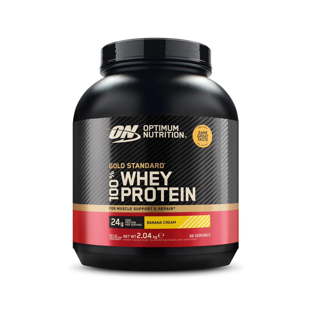 Optimum Nutrition 100% Whey Gold Standard 2 kg proteinpulver i en svart boks med rød etikett for smaken Banana Cream.