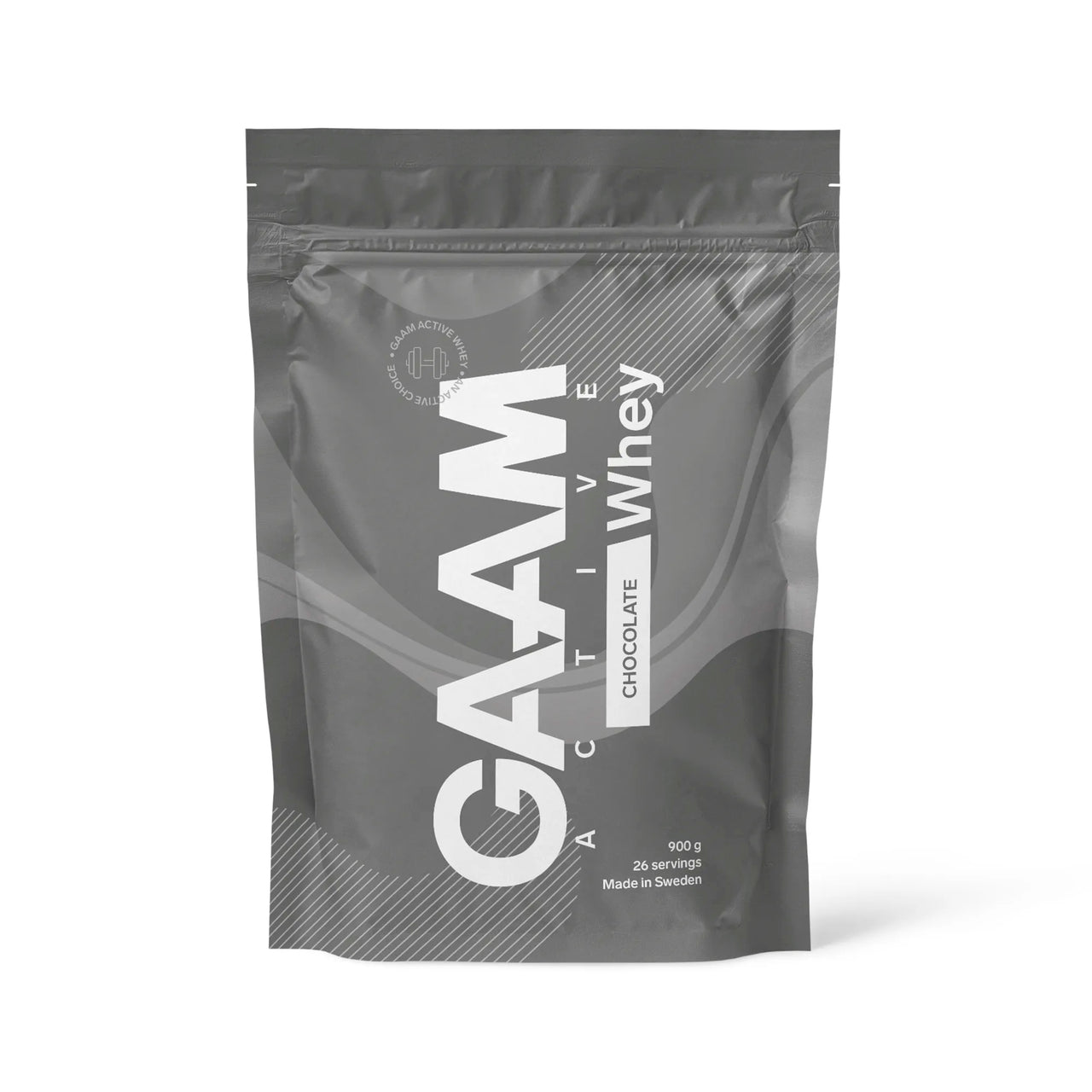 GAAM Active Whey 900 g proteinpulver i en mørkegrå pose med hvit tekst for smaken Chocolate.