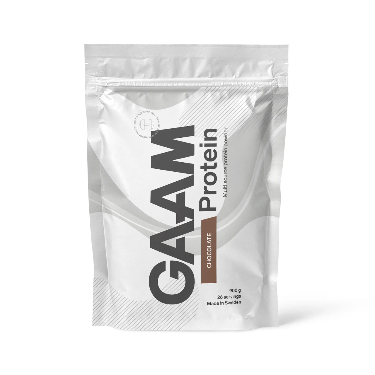 GAAM Protein 900 g proteinpulver i en hvit pose med brune detaljer for smaken Chocolate.