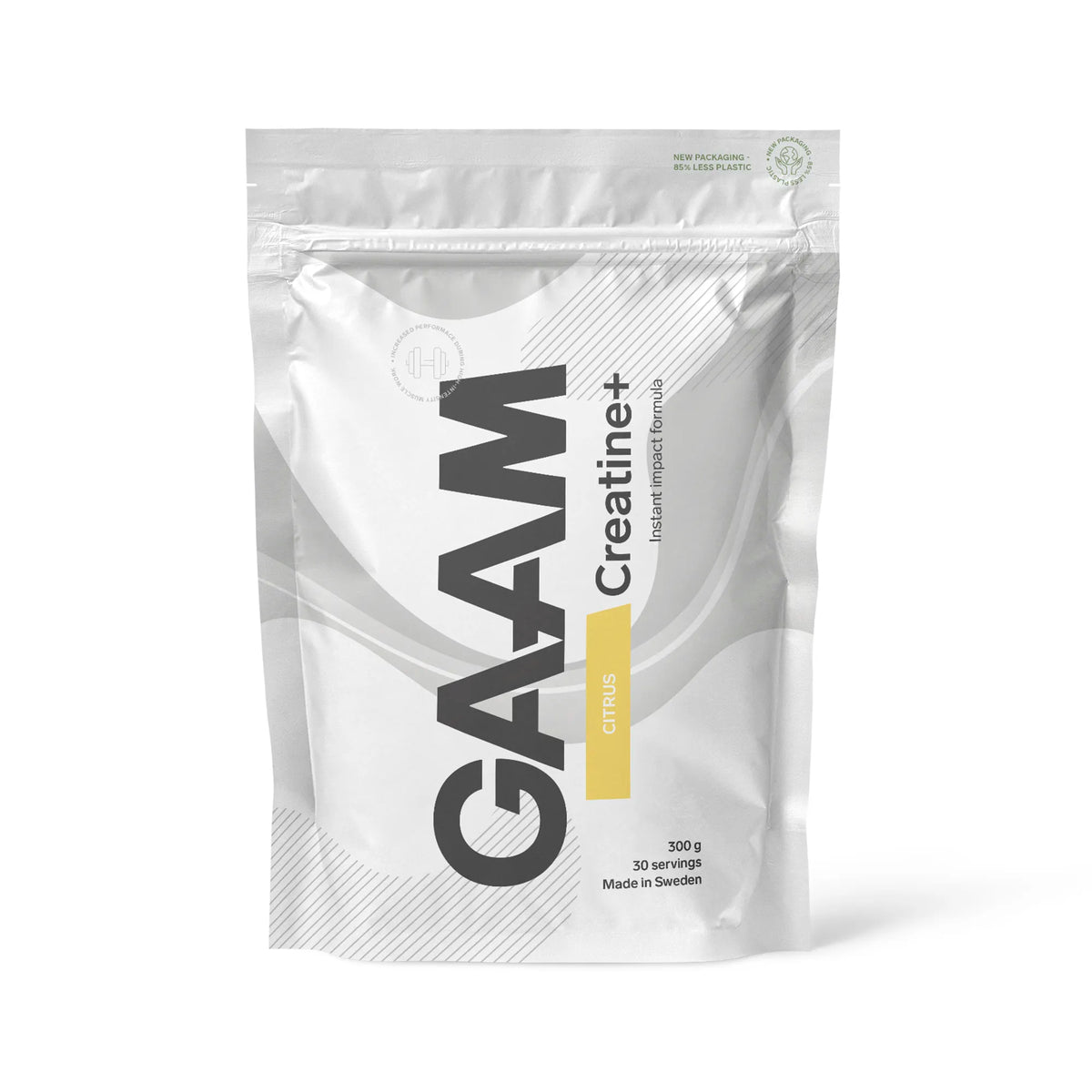 GAAM Creatine+ Kreatin 300 g i en hvit pose med gult felt for smaken Citrus.