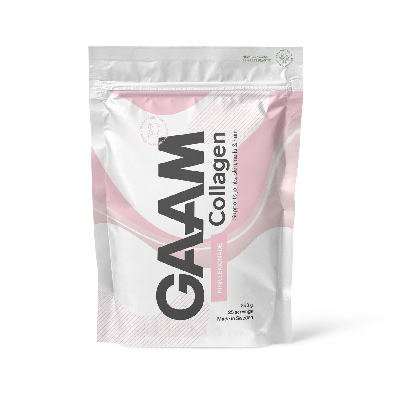 GAAM Collagen 250 g kollagenpulver i en hvit pose med rosa detaljer for smaken Pink Lemonade.