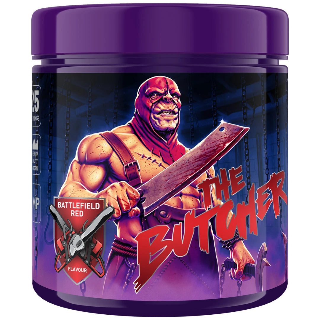 Swedish Supplements The Butcher 425 g pre-workout i en lilla boks med en muskuløs figur og smak av Battlefield Red.