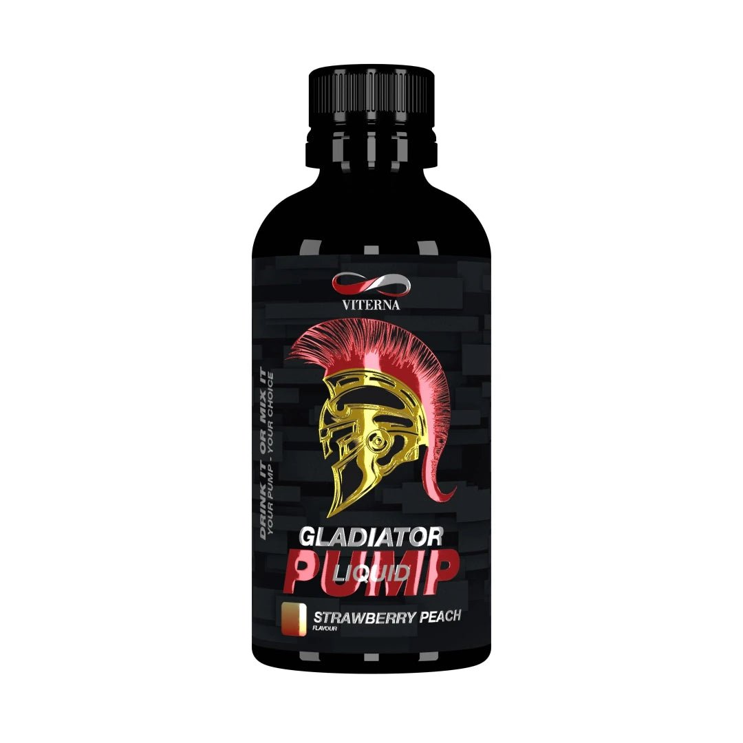 Viterna Gladiator Pump Liquid 500 ml i en svart flaske med rød og gullfarget gladiatorhjelm for smaken Strawberry Peach.