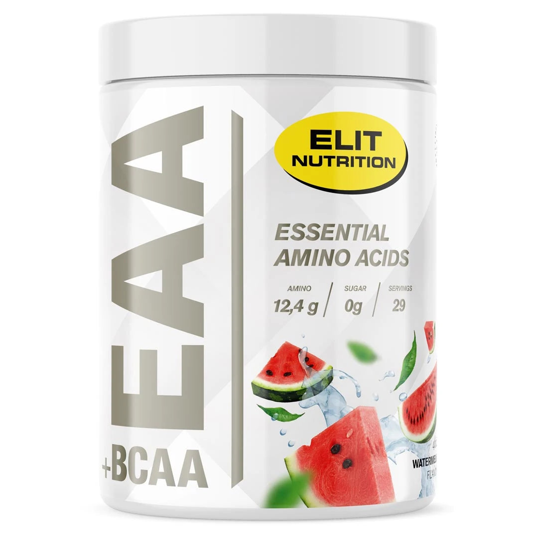 Elit Nutrition EAA + BCAA 400 g aminosyrer i en hvit boks med vannmelonmotiv for smaken Watermelon.