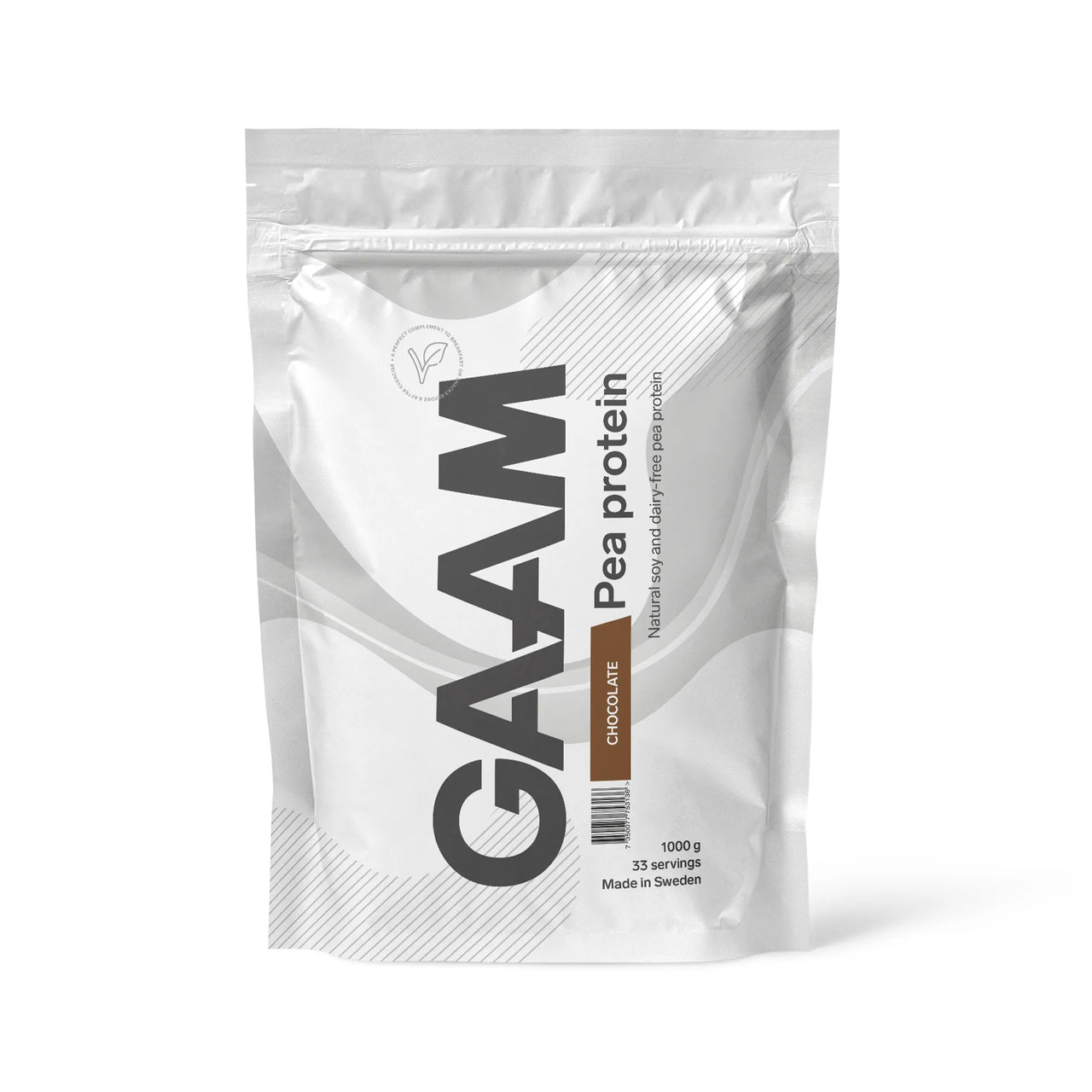 GAAM Pea Protein 1 kg vegansk proteinpulver i en hvit pose med grå detaljer for smaken Chocolate.
