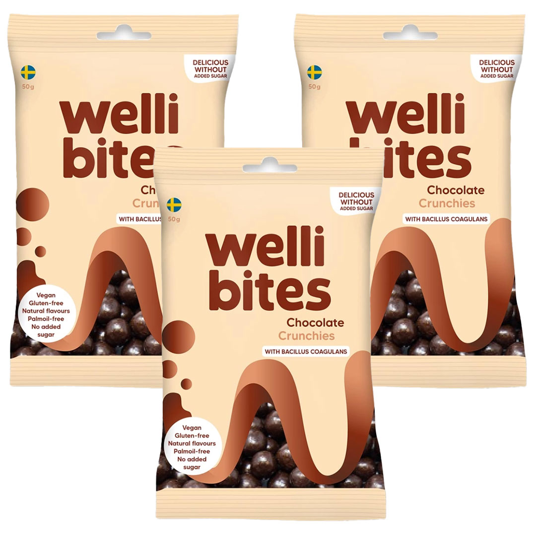 3 x Wellibites Candy 50 g Chocolate Crunchies