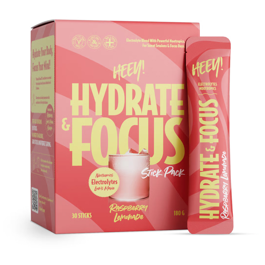 Heey! Hydrate & Focus Electrolytes + Lions Mane 30 x Stick Pack Raspberry Lemonade