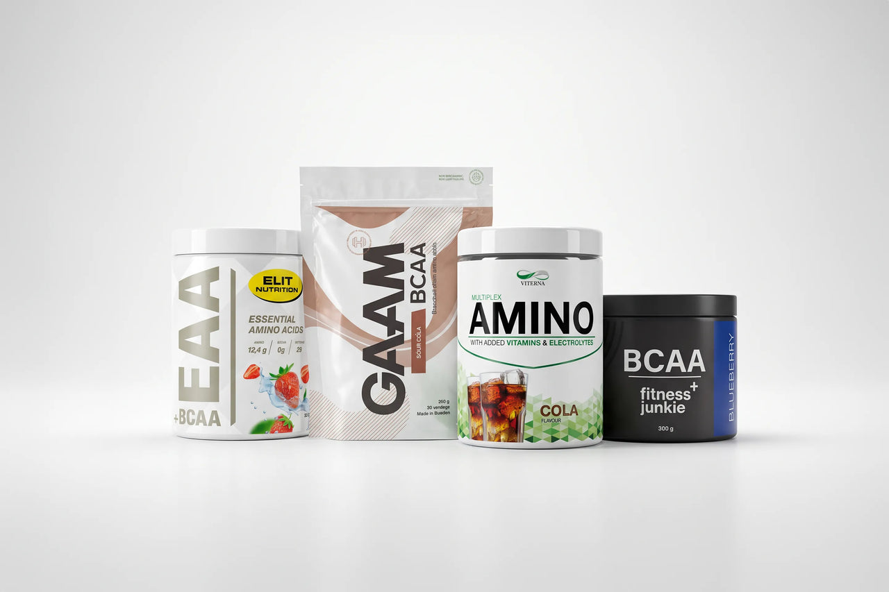 Bäst i test BCAA-tillskott 2024: Elit Nutrition EAA+BCAA, GAAM BCAA Sour Cola, Viterna Multiplex Amino och Fitness Junkie BCAA Blueberry