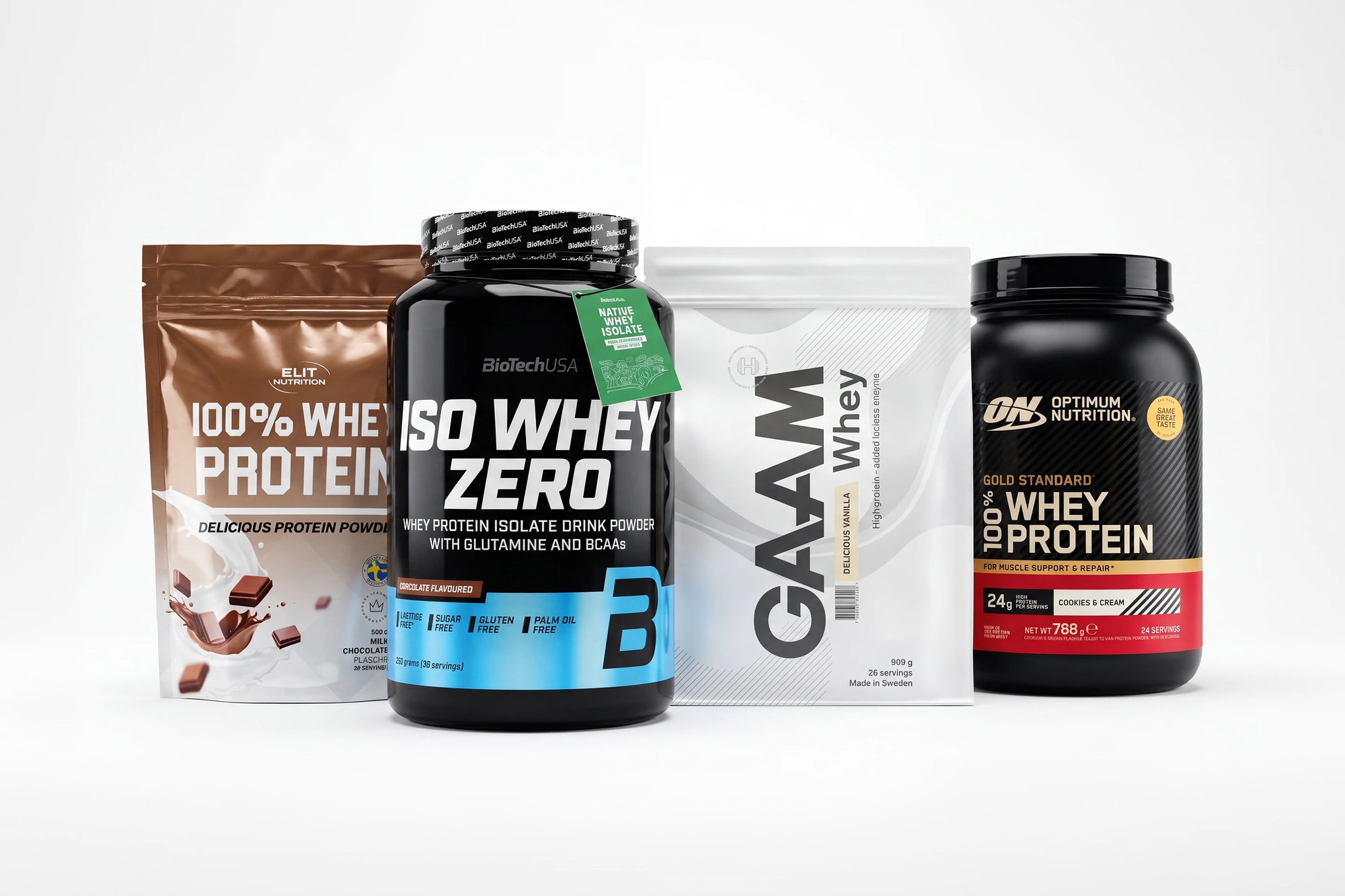 Fire myseproteiner fra GAAM, Optimum Nutrition, BioTechUSA og Elit Nutrition sammenlignet i Proteinbolagets test 2026