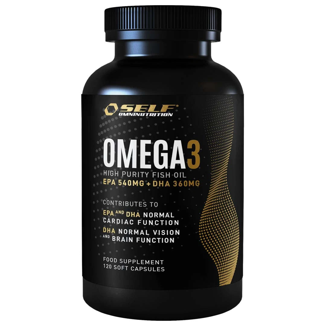 Self Omninutrition Omega-3 Fish Oil 120 caps i en svart boks med gylne og hvite detaljer., bilde 1 av 1