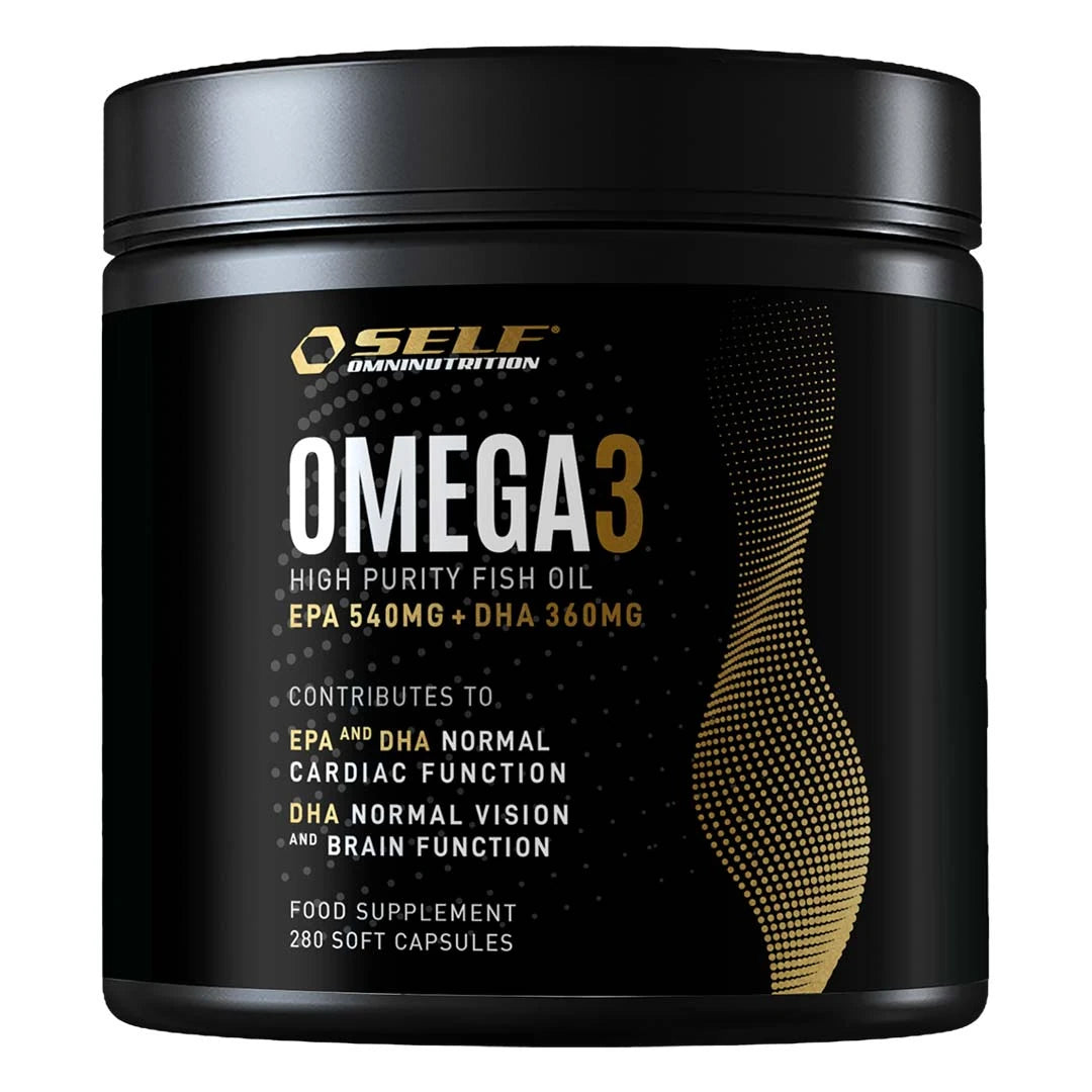 Self Omninutrition Omega-3 Fish Oil 280 caps i en svart boks med gulldetaljer.