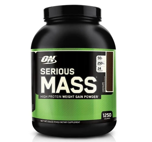 Svart boks med grønn etikett som inneholder Optimum Nutrition Serious Mass 2.72 kg gainer med sjokoladesmak.