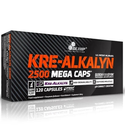 Svart emballasje med oransje tekst for Olimp Kre-Alkalyn Mega 120 caps, et bufret kreatin i kapselform.