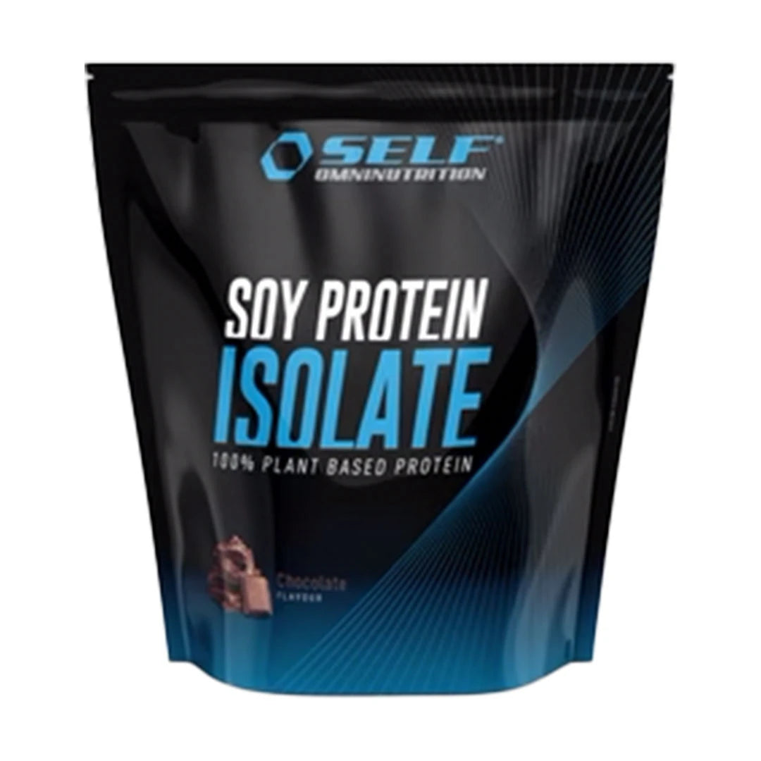 Self Omninutrition Soy Protein 1 kg proteinpulver i en svart pose med blå detaljer for smaken Chocolate., bilde 1 av 2