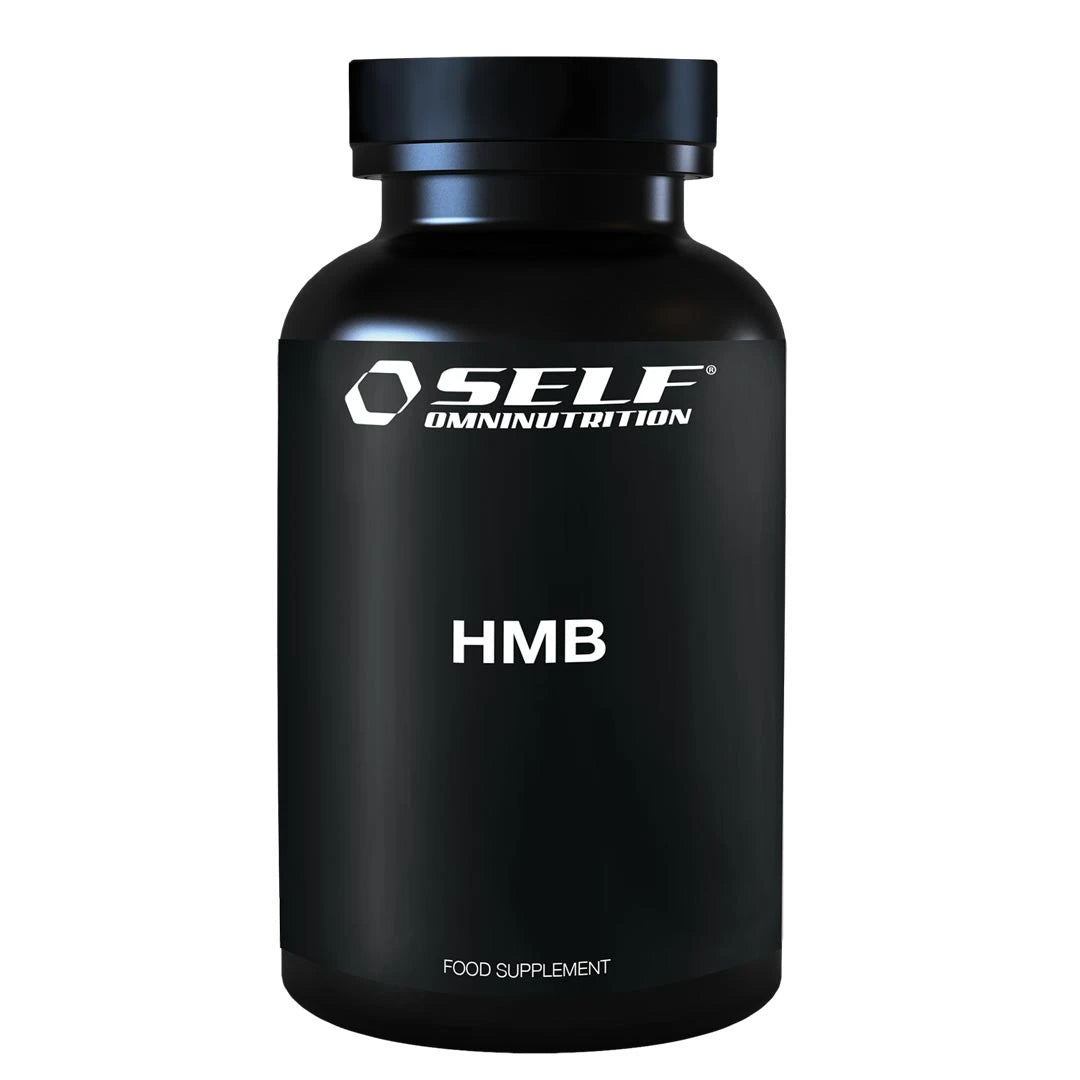 Self Omninutrition HMB pure Grade 1g, aminosyrer i kapselform, pakket i en svart boks med hvite tekstdetaljer.