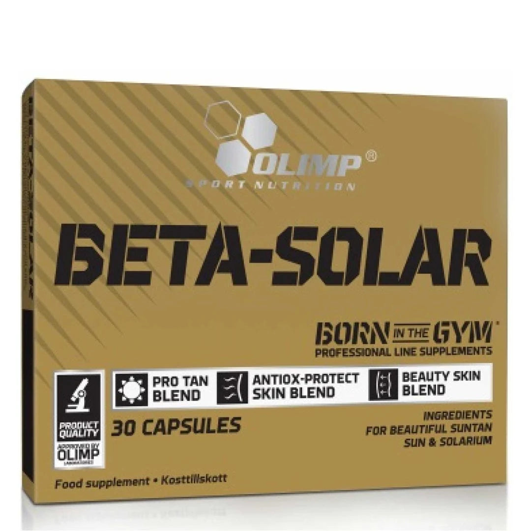 Olimp Beta Solar 30 caps kosttilskudd, pakket i en gullfarget eske med svart tekst og hvite detaljer.