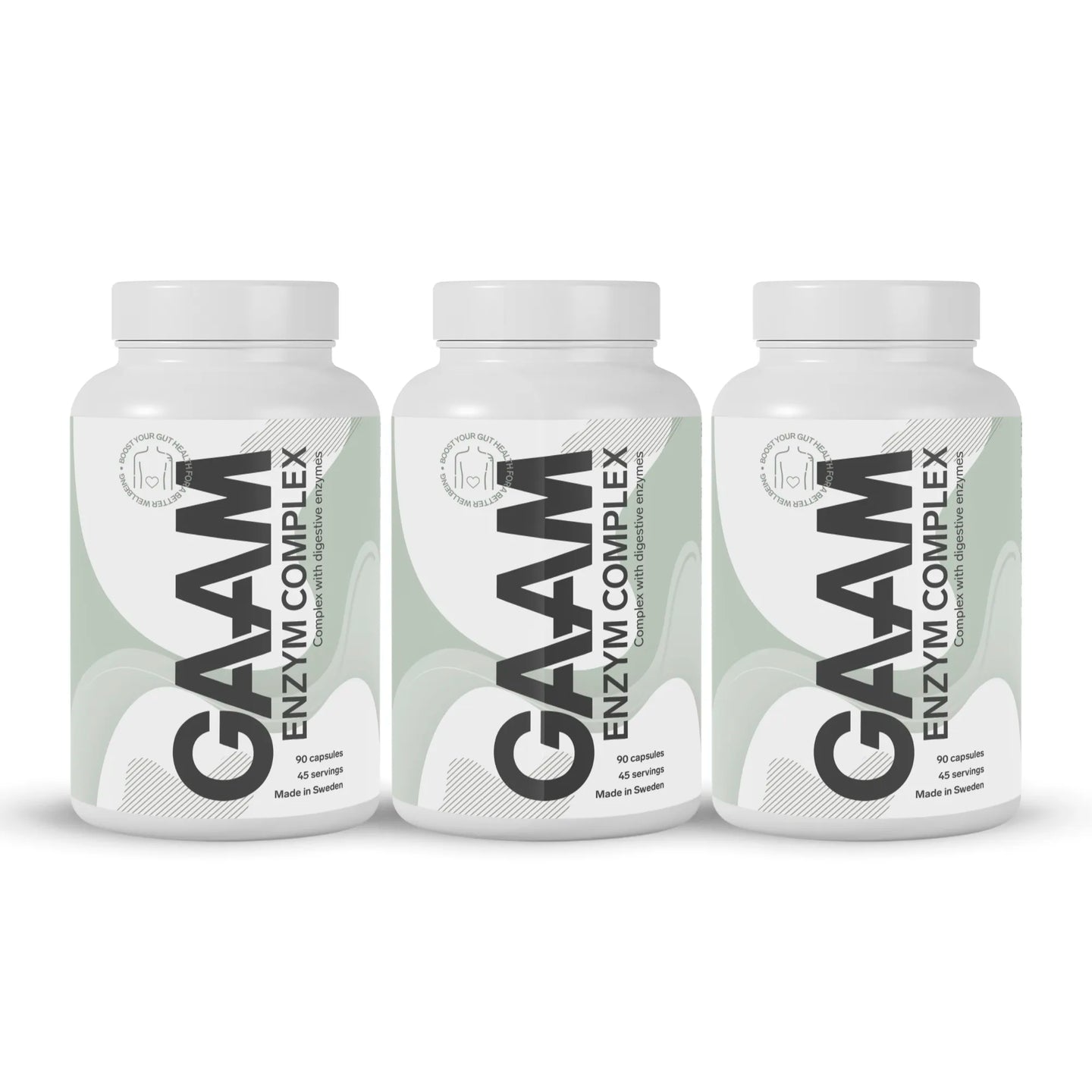3 x GAAM Enzym Complex 90 caps kosttilskudd i tre hvite plastbokser med grønne detaljer.
