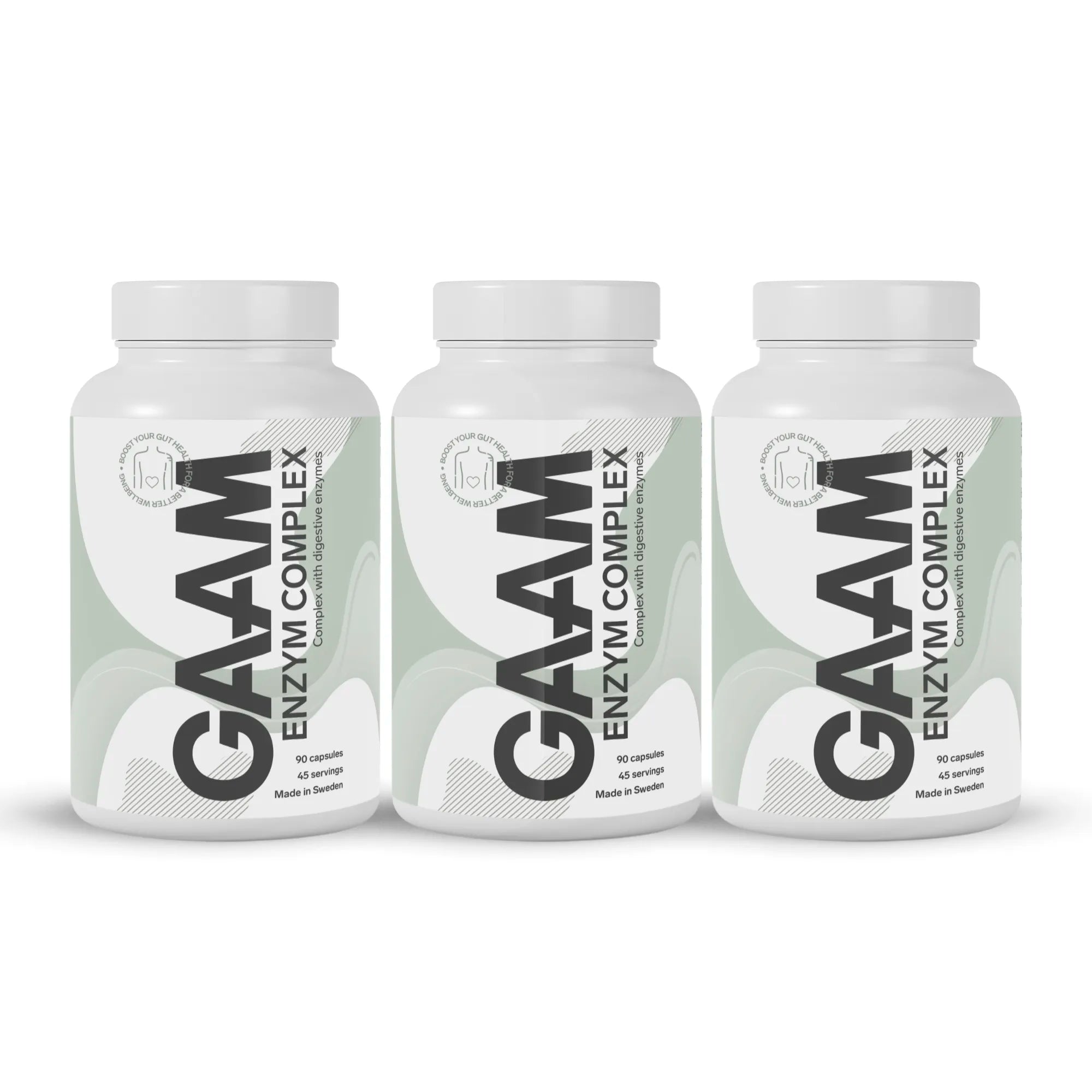 3 x GAAM Enzym Complex 90 caps kosttilskudd i tre hvite plastbokser med grønne detaljer.