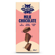 HealthyCo Chocolate 100 g mjölkchoklad i en beige och rosa förpackning med tre staplade chokladbitar på framsidan.