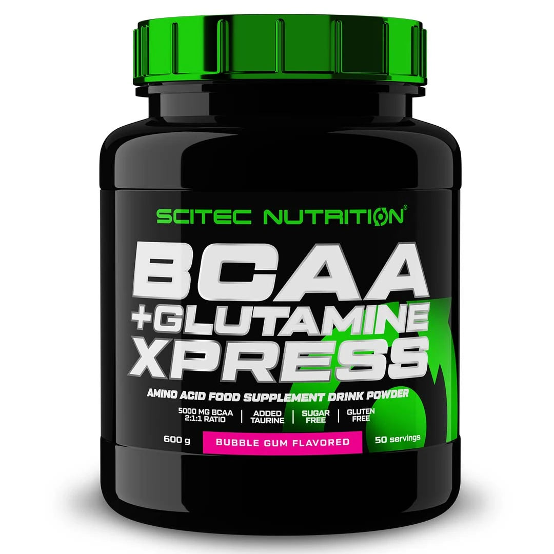 Scitec Nutrition BCAA + Glutamine Xpress 600 g i en svart boks med grønne detaljer og smak av Bubble Gum.