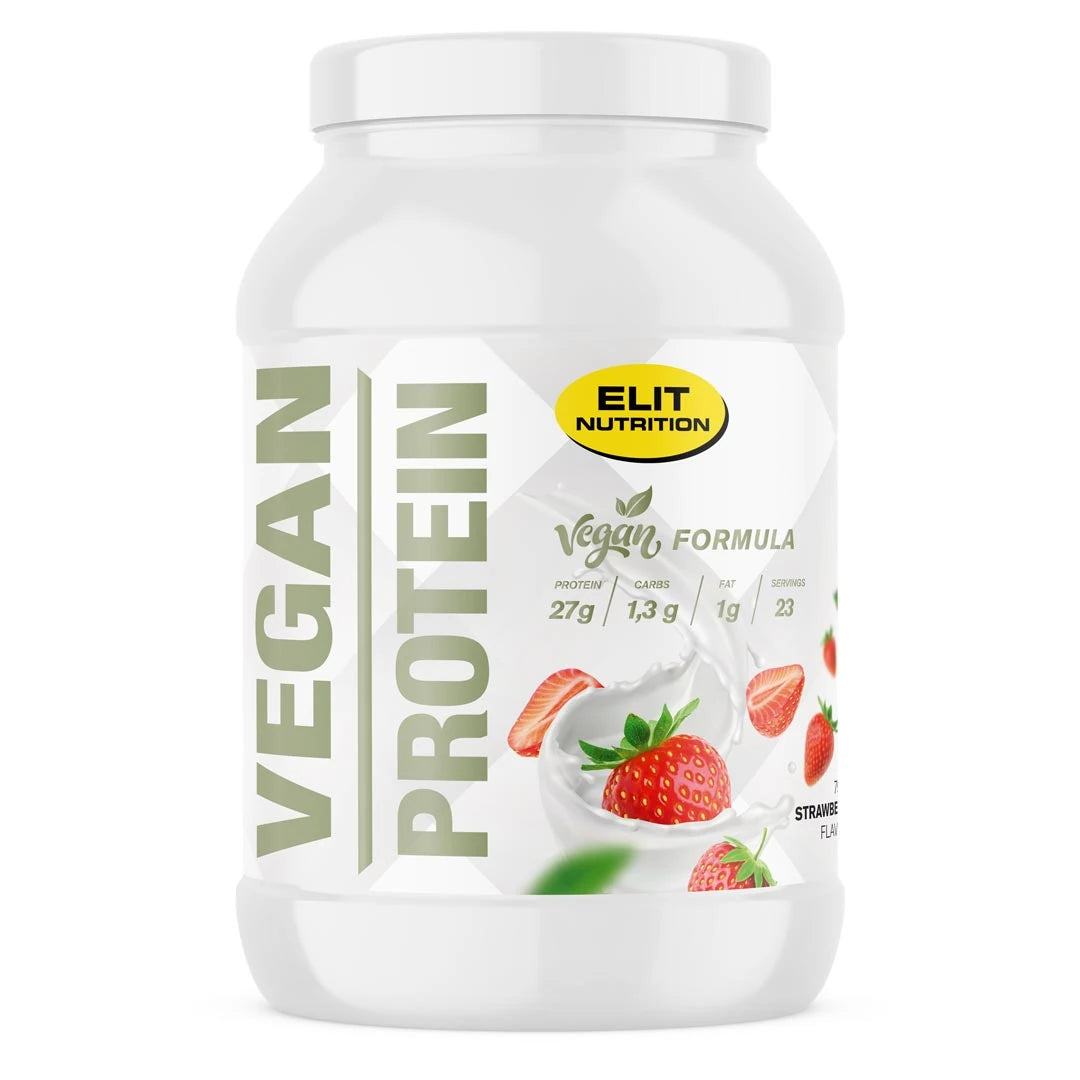 Elit Nutrition Vegan Protein 750 g proteinpulver i en hvit plastboks med illustrerte jordbær.