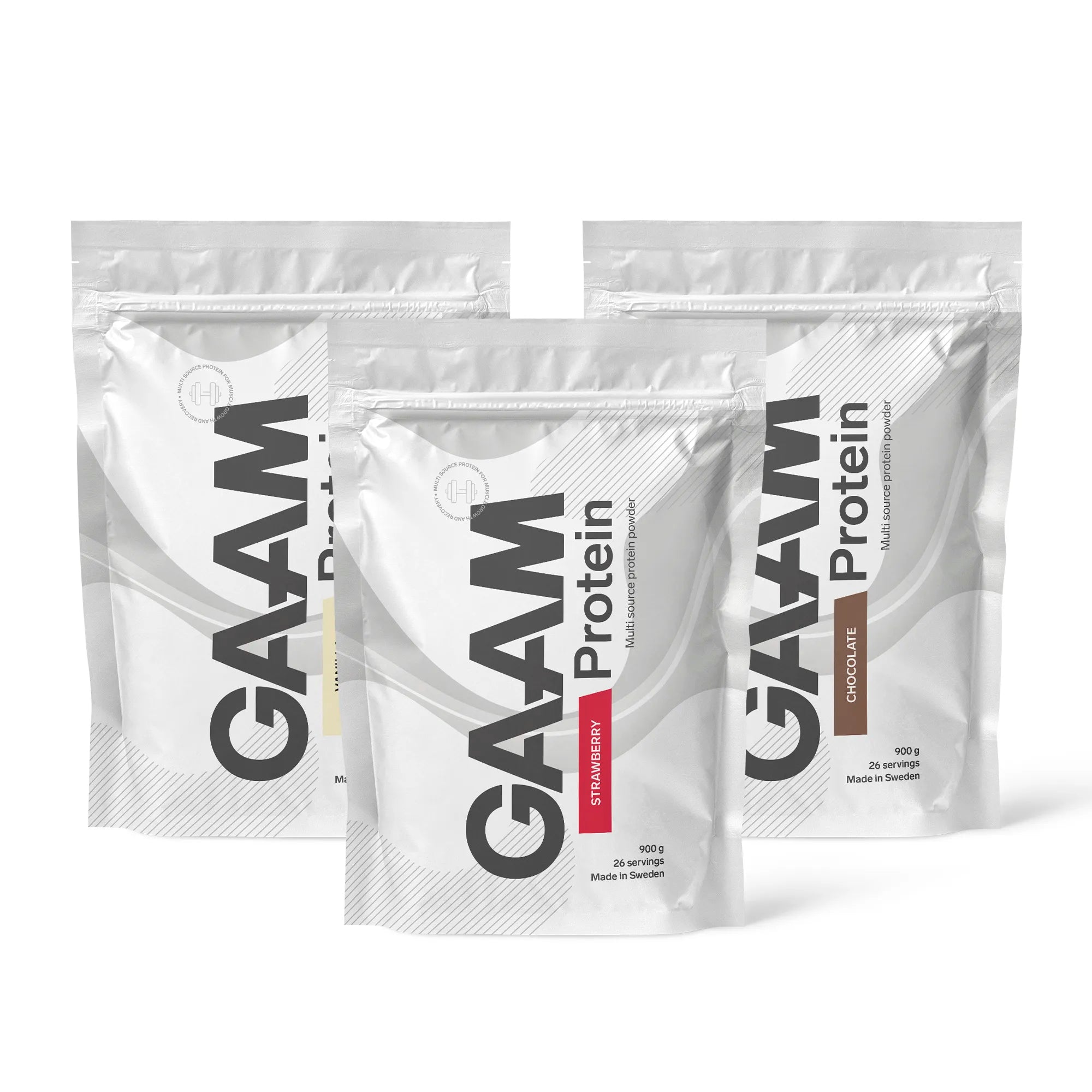 3 x GAAM Protein 900 g proteinpulver i tre hvite poser med smaker som Vanilla, Chocolate og Strawberry.