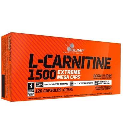 Olimp L-Carnitine 1500 Extreme Mega caps 120 caps i en oransje kartong med svart tekst.