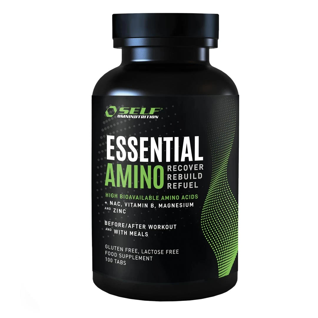 Self Omninutrition Essential Amino 100 tabs kosttilskudd pakket i en svart boks med grønne og hvite detaljer.