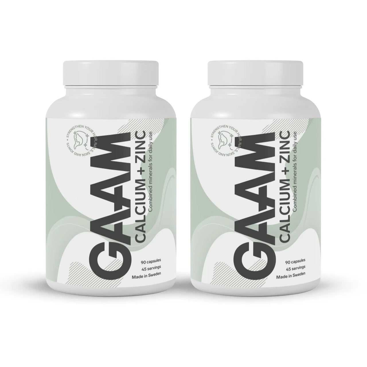 2 x GAAM Calcium + Zinc 90 caps kosttilskudd i hvite bokser med grågrønne detaljer og svart tekst.