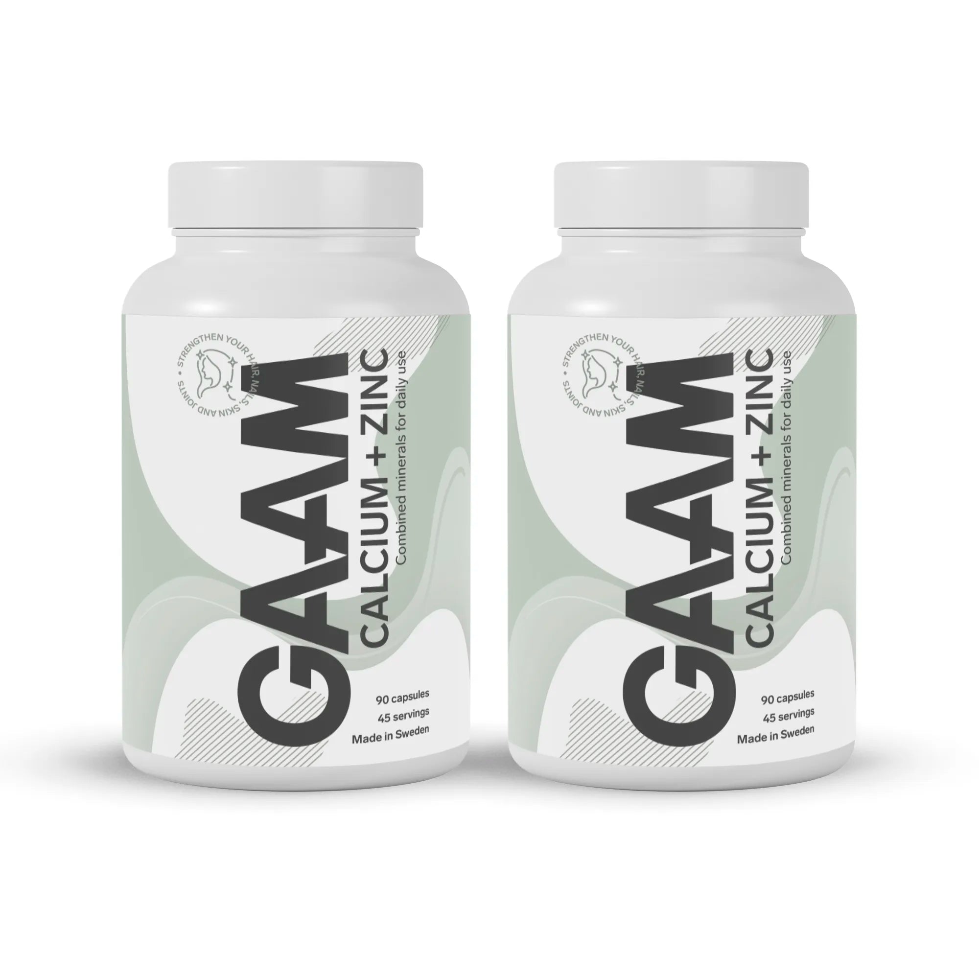 2 x GAAM Calcium + Zinc 90 caps kosttilskudd i hvite bokser med grågrønne detaljer og svart tekst.