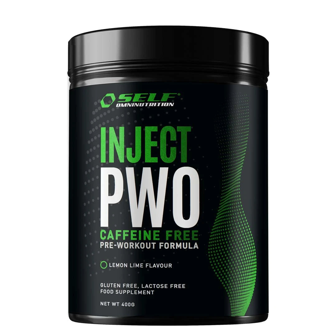Svart boks med grønn tekst som inneholder Self Omninutrition Inject PWO Caffeine Free 400 g i smaken Lemon Lime.