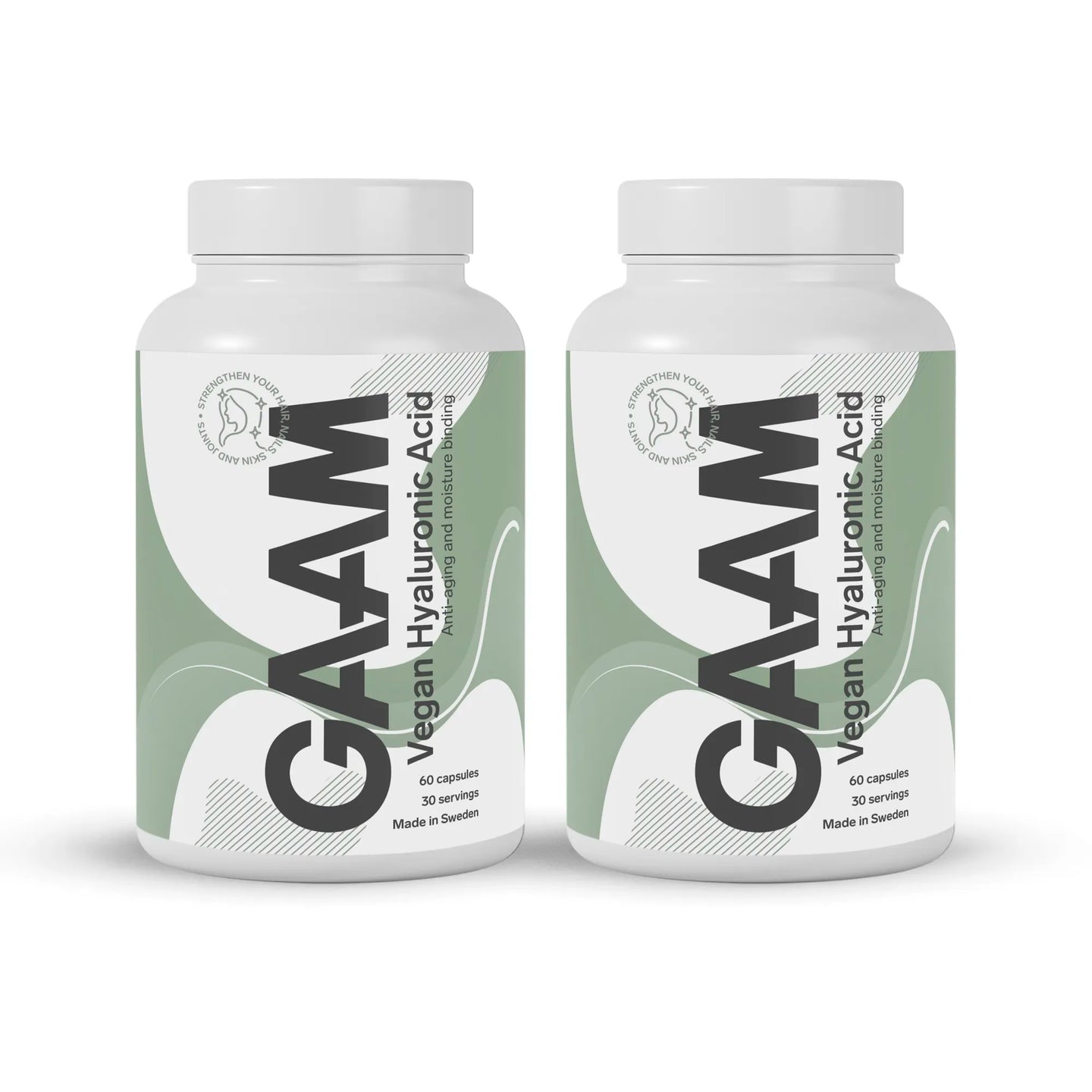 2 x GAAM Vegan Hyaluronic acid & vitamin C 60 caps i to hvite bokser med grønne og grå detaljer.