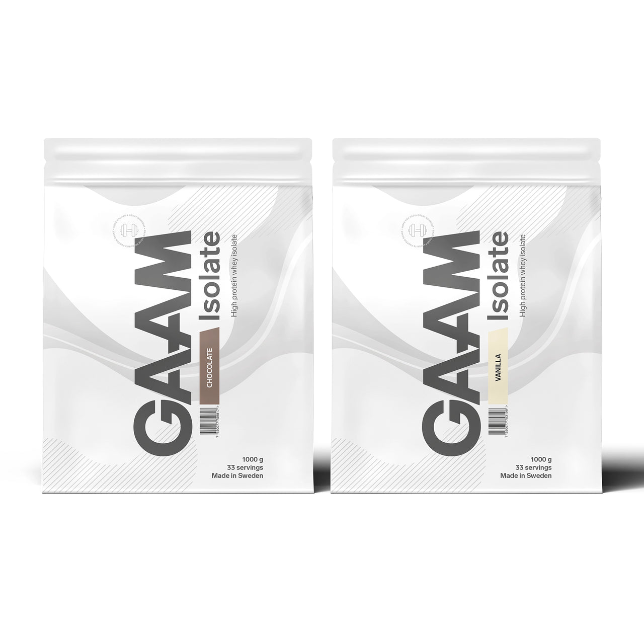2 x GAAM Isolate 1 kg myseproteinisolat i to hvite poser for smakene Chocolate og Vanilla.