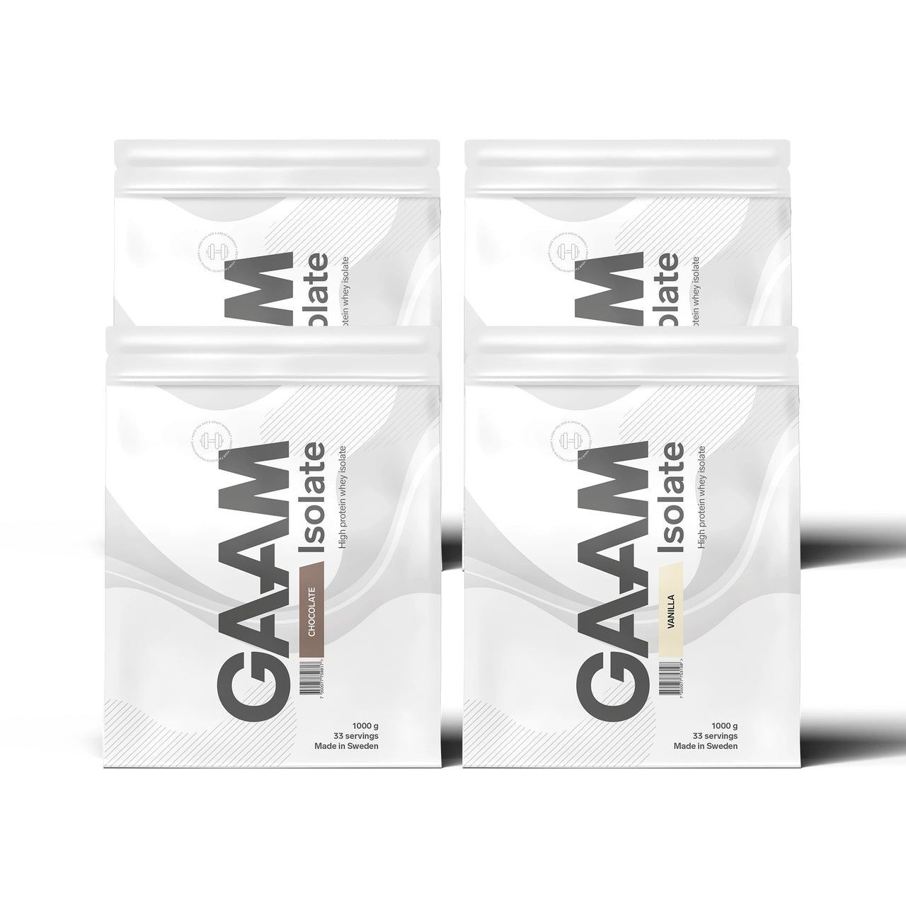 4 x GAAM Isolate 1 kg myseproteinisolat i fire hvite poser med smakene Chocolate og Vanilla.