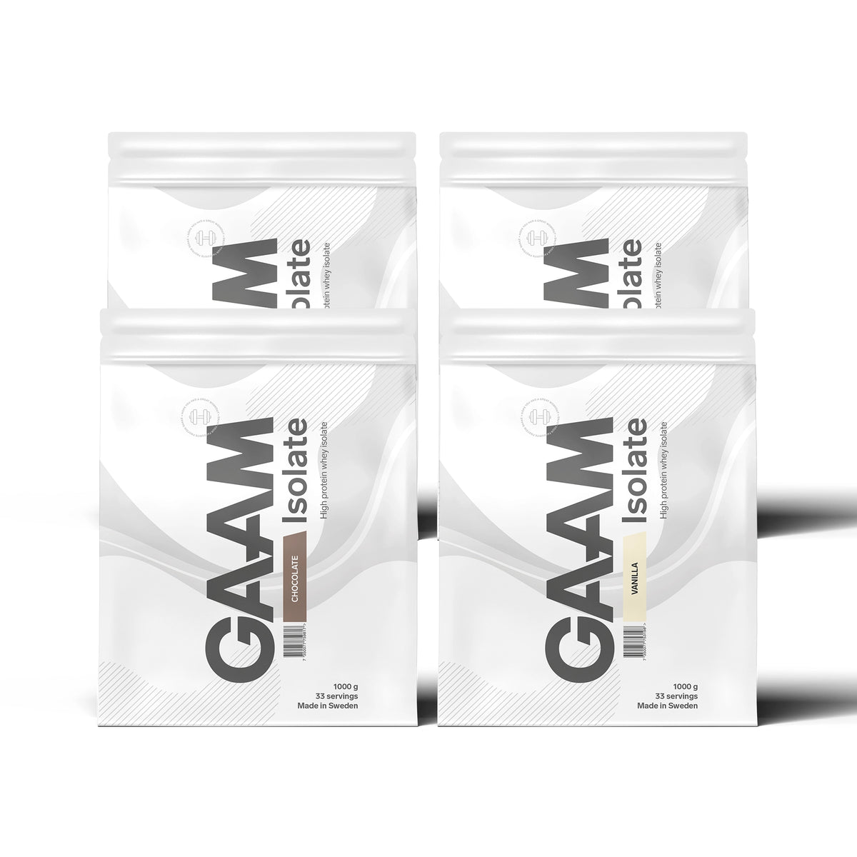 4 x GAAM Isolate 1 kg myseproteinisolat i fire hvite poser med smakene Chocolate og Vanilla., bilde 1 av 1