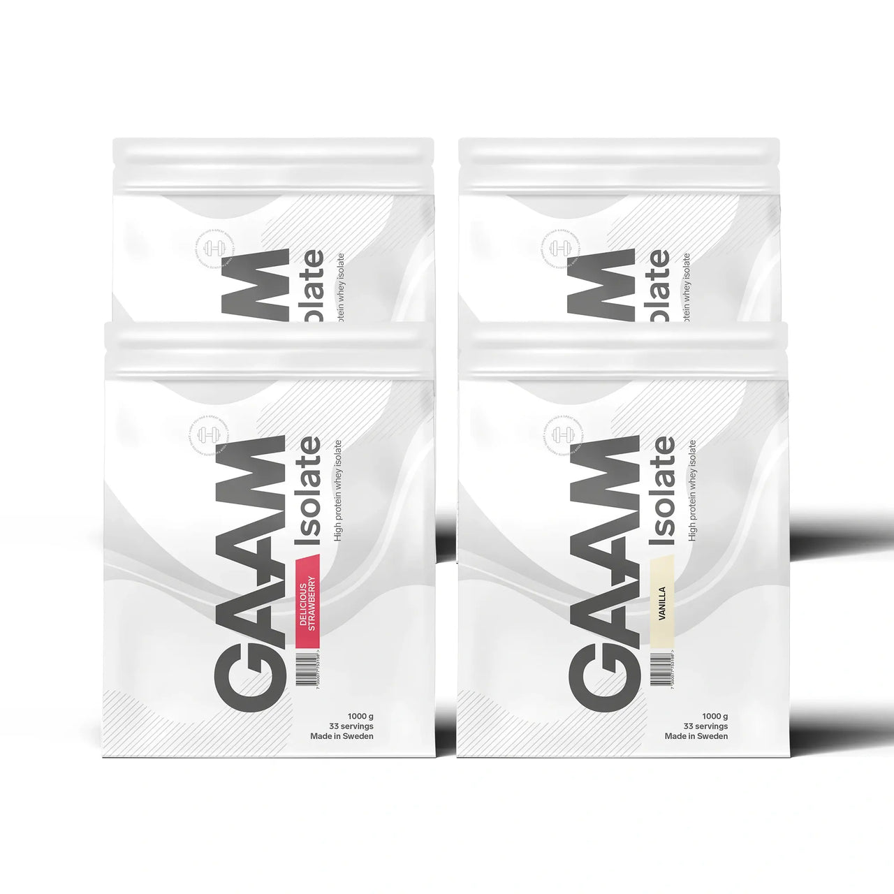 4 x GAAM Isolate 1 kg proteinpulver i fire hvite poser, med smakene Vanilla og Delicious Strawberry synlige på emballasjen.