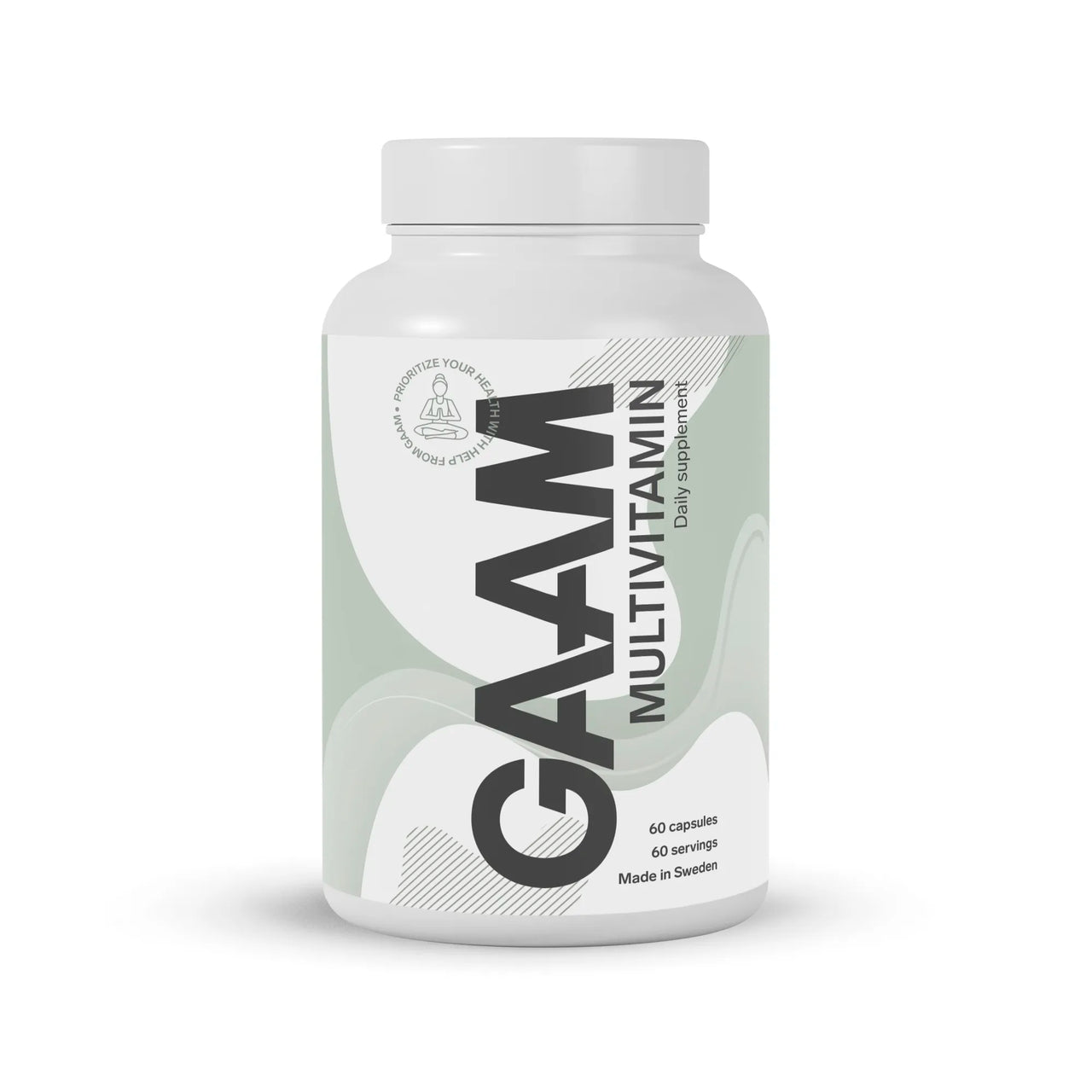 En hvit boks med GAAM Multivitamin 60 caps, med en lysegrønn etikett og stor svart tekst.