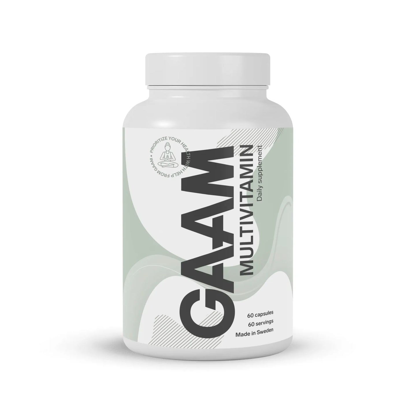 En hvit boks med GAAM Multivitamin 60 caps, med en lysegrønn etikett og stor svart tekst.