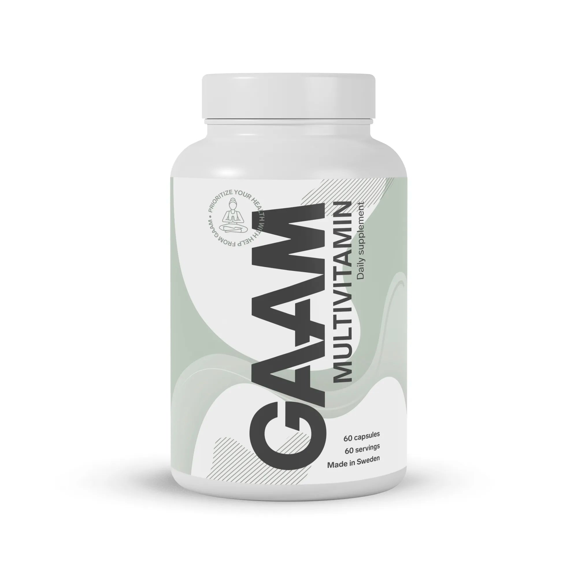 En hvit boks med GAAM Multivitamin 60 caps, med en lysegrønn etikett og stor svart tekst.
