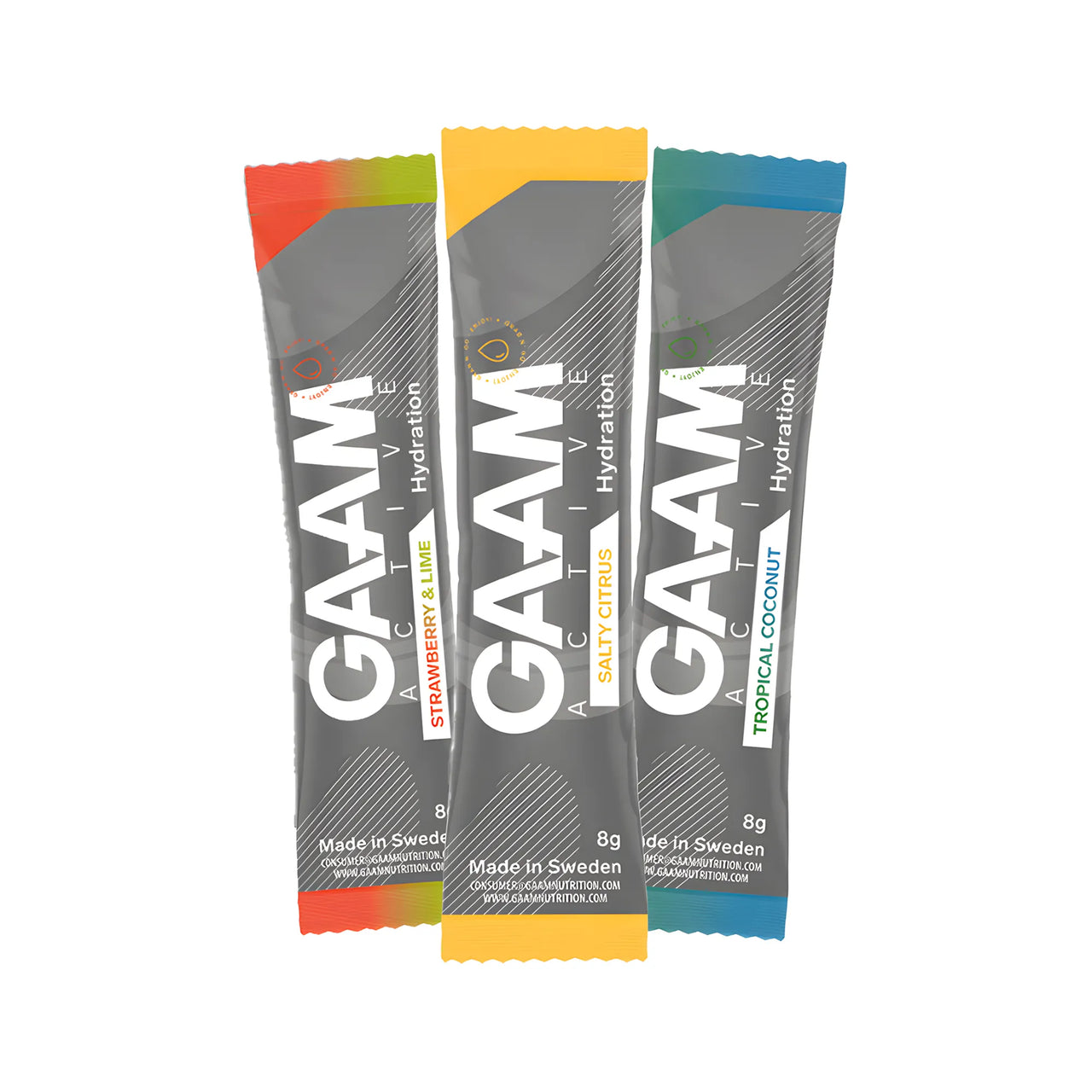 Tre porsjonsposer av GAAM Active Hydration 8 g elektrolyttpulver i grått med fargerike detaljer for de ulike smakene.