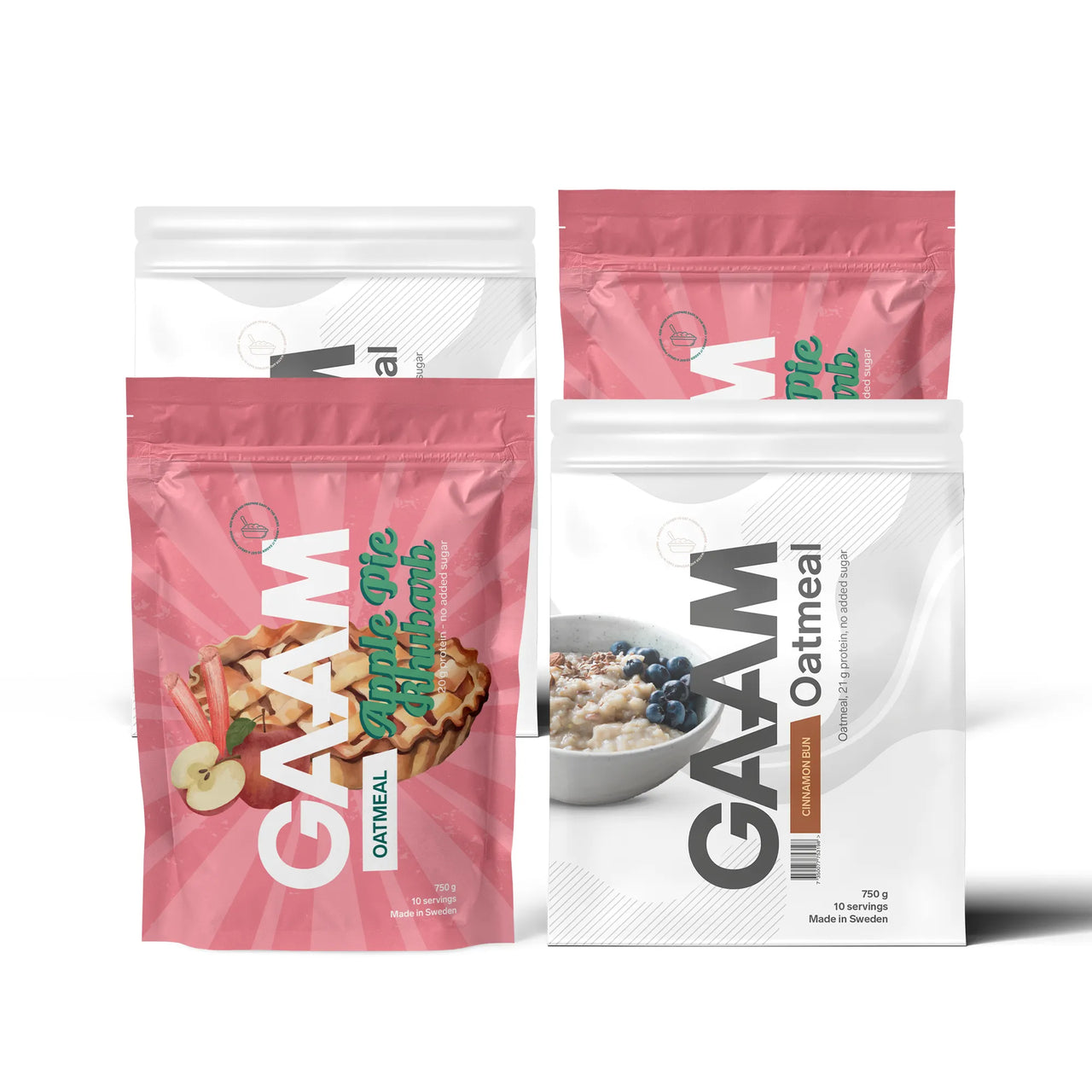 4 x GAAM Oatmeal 750 g i en bundle med fire poser i hvitt og rosa for smakene Apple Pie Rhubarb og Cinnamon Bun.