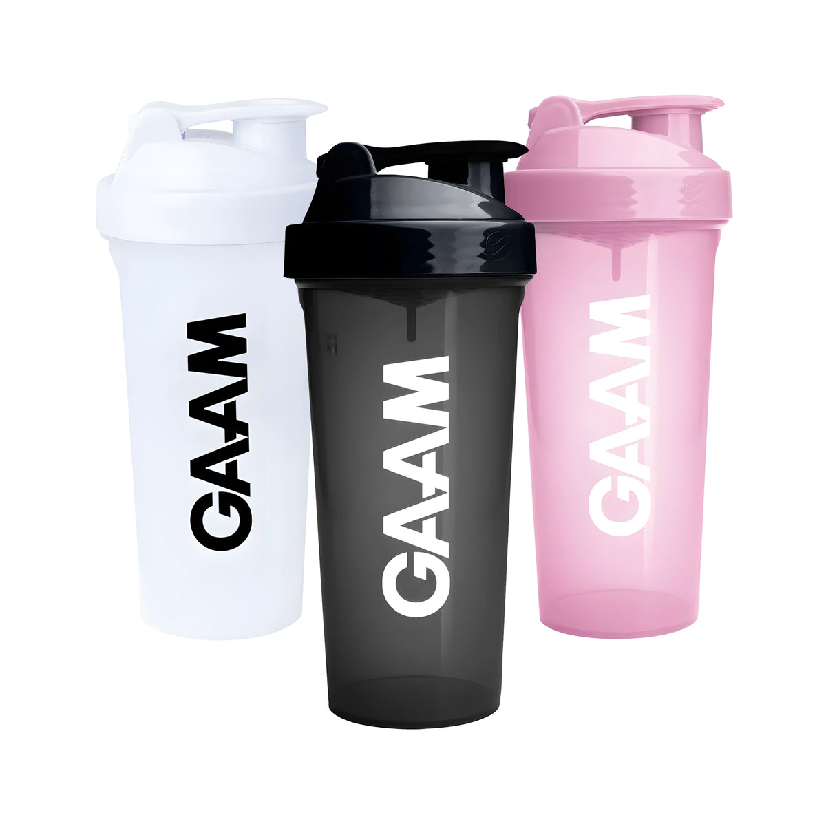 3 x GAAM Shaker 800 ml plastshakere i fargene svart, hvit og rosa med GAAM-logo., bilde 1 av 1