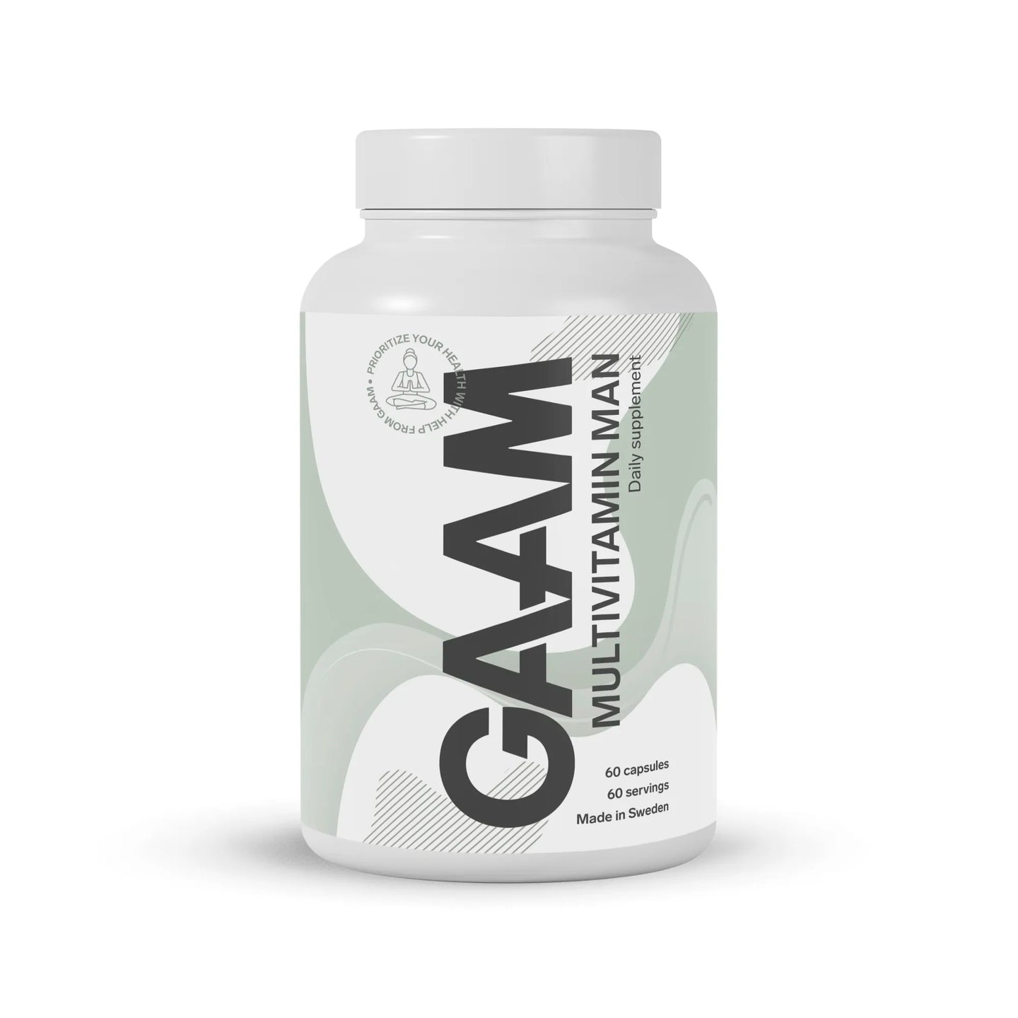 GAAM Multivitamin Man 60 caps i en hvit boks med grågrønne detaljer, et kosttilskudd utviklet for menn.