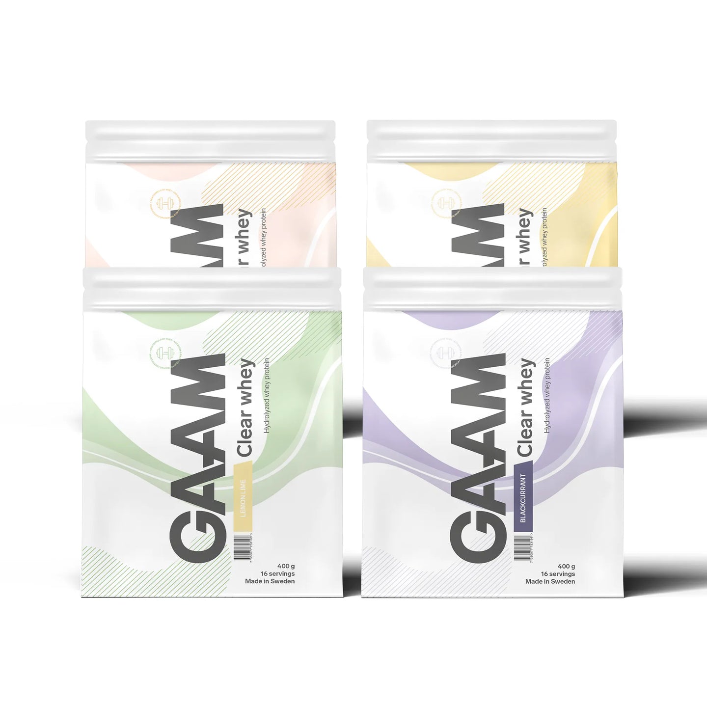 4 x GAAM Clear Whey 400 g proteinpulver i fire hvite poser med bølgete mønster i ulike pastellfarger.